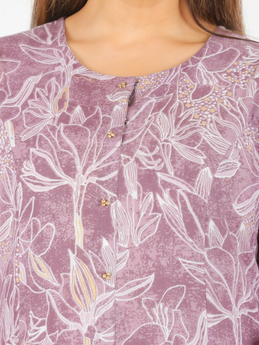 Aramya Purple Soft Cotton Gold Foil Print A-line Kurta Set for Women | Grocsy