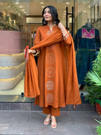 The52 Orange Women's Gorgeous Chanderi Fabric Embroidered Work Straight Kurta Pant and Dupatta Set | Grocsy