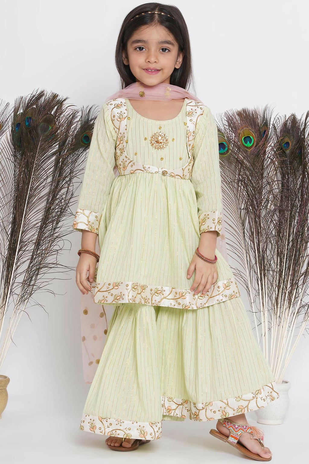 Little Bansi Floral Embroidery Jacket With Cotton Lurex Frock Sharara And Dupatta With Ghungroo Handwork - Bottle Green | Grocsy