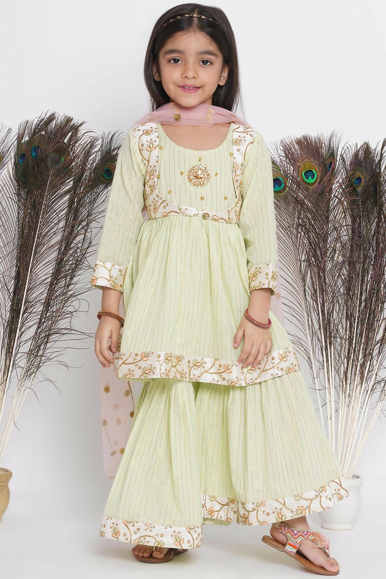 Little Bansi Floral Embroidery Jacket With Cotton Lurex Frock Sharara And Dupatta With Ghungroo Handwork - Bottle Green | Grocsy