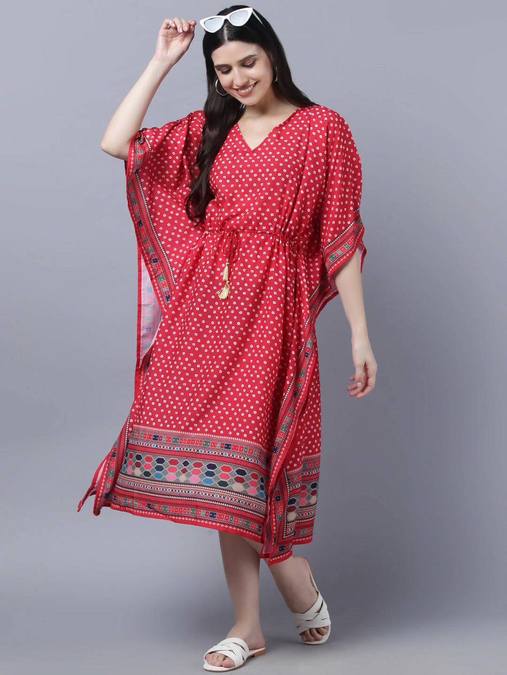 Myshka Women's Red White Ethnic Motifs Printed Kaftan Midi Dress | Grocsy