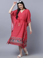 Myshka Women's Red White Ethnic Motifs Printed Kaftan Midi Dress | Grocsy