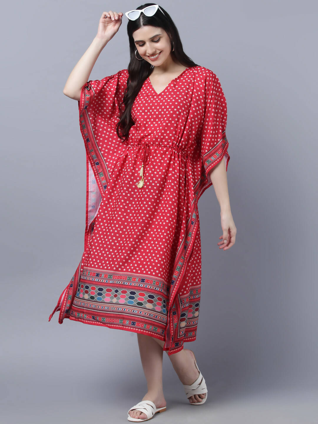 Myshka Women's Red White Ethnic Motifs Printed Kaftan Midi Dress | Grocsy