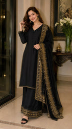 Teeya Creation New Latest Stylish Classic Black Festive Kurta Set with Gold Zari Border Palazzo and Dupatta | Grocsy