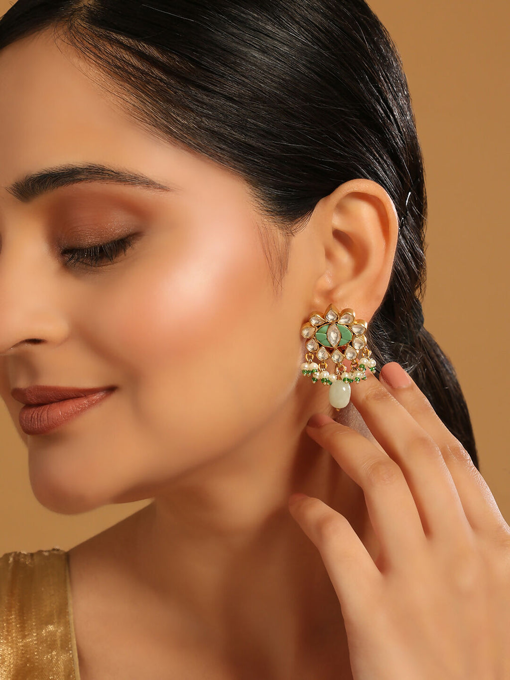 Nuyug 22K Gold Plated Semi Precious Green Stone Studded Pearl Drop Stud Earrings | Grocsy