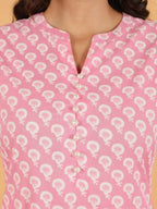 Aramya Pink Soft Cotton Floral Print Straight Kurta Pant Set for Women | Grocsy