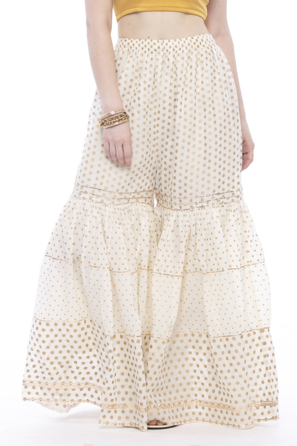 Mominos Fashion Trendy Cotton Off White Gold Print With Gota Sharara | Grocsy