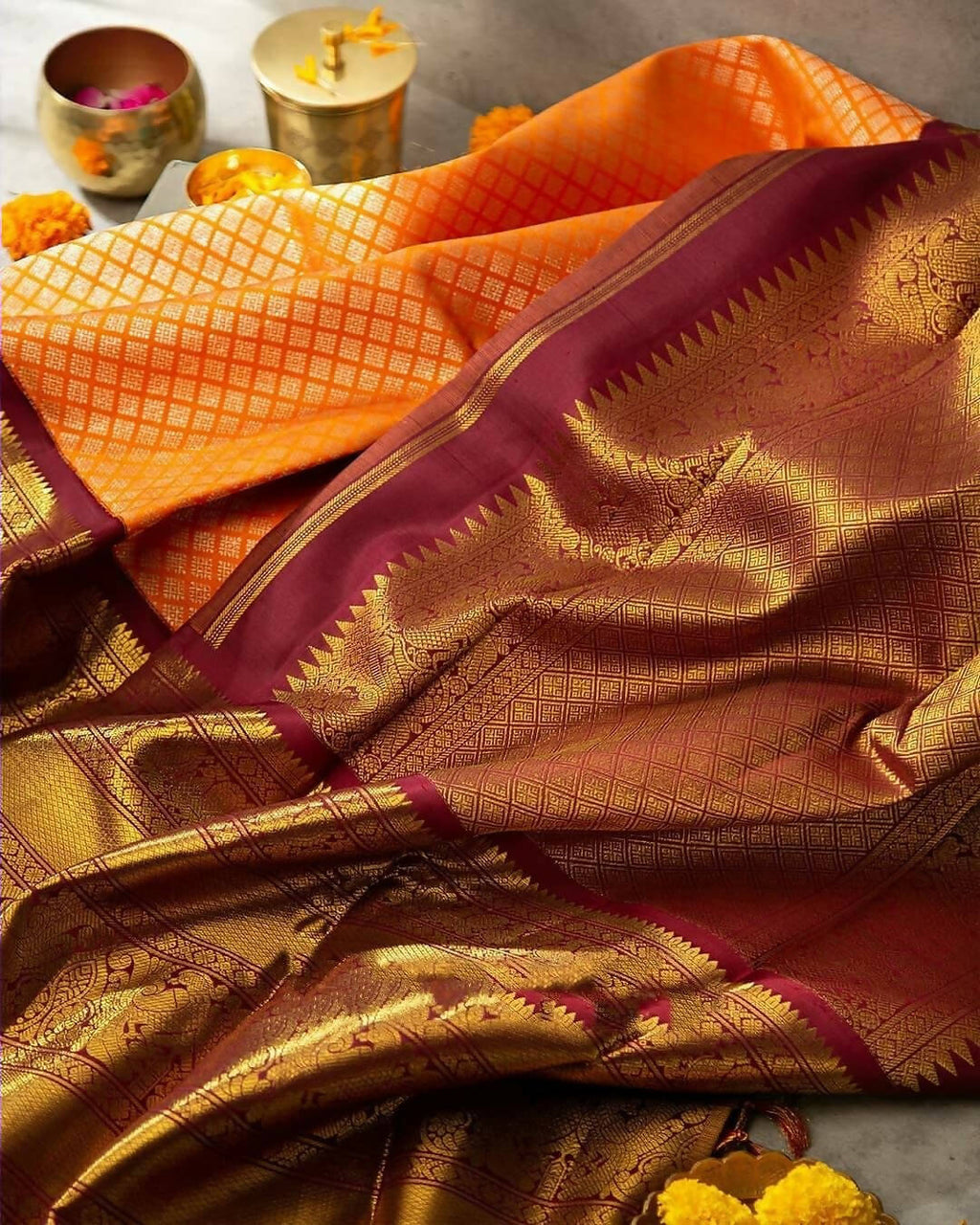 DEIANA'S Beautiful Designer Golden zari Soft Lichi Silk Saree - Orange | Grocsy