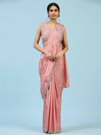 Peach Silk Satin Plain Ready to wear Saree with stitched Blouse - Vrinda | Grocsy