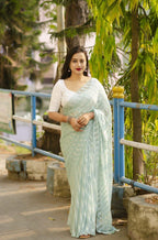 Blue Poly Chiffon Ethnic Motifs Saree with Unstitched Blouse - A2M | Grocsy