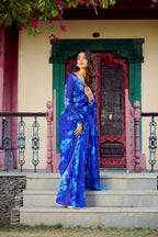Vastranavya Blue Chiffon Floral Printed & Pearl Lace Border Saree with Unstitched Blouse | Grocsy