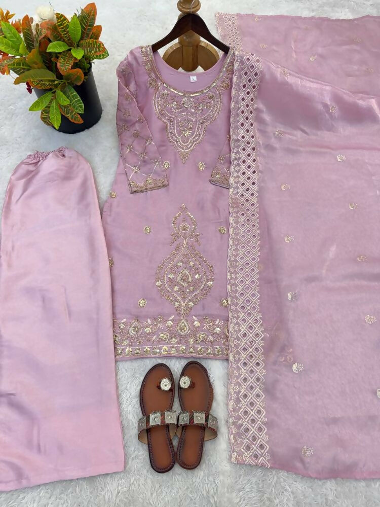 Teeya Creation Onion Color Gimmychu Silk Embroidery Work Wedding Wear Salwar Suit | Grocsy
