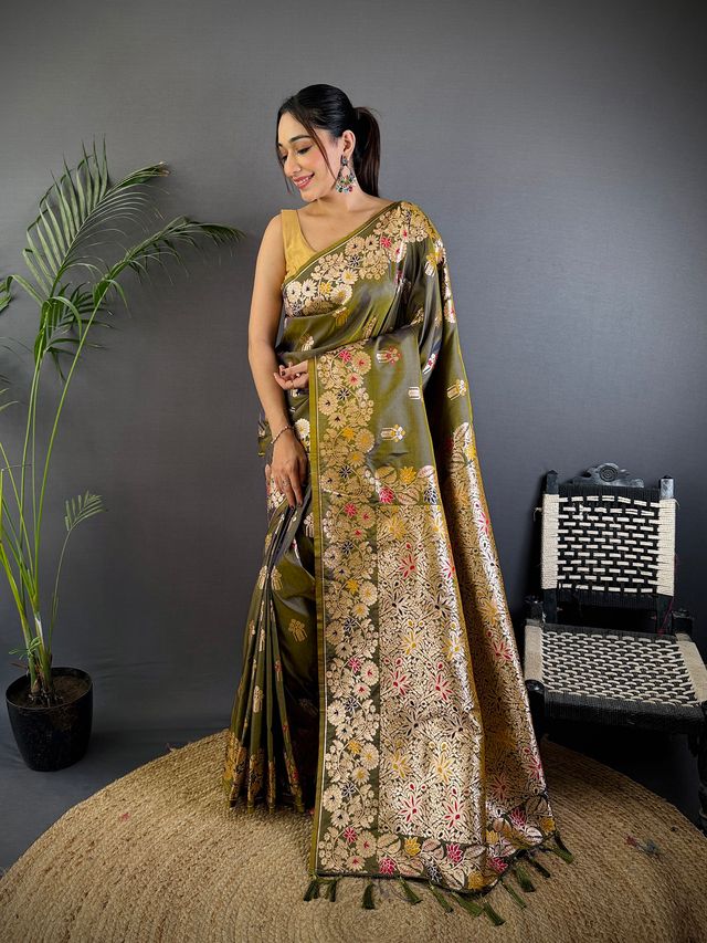 Elora Mahendi Green Soft Silk Floral Zari Weaving Meenakari Saree With Floral Border | Grocsy