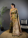 Elora Mahendi Green Soft Silk Floral Zari Weaving Meenakari Saree With Floral Border | Grocsy