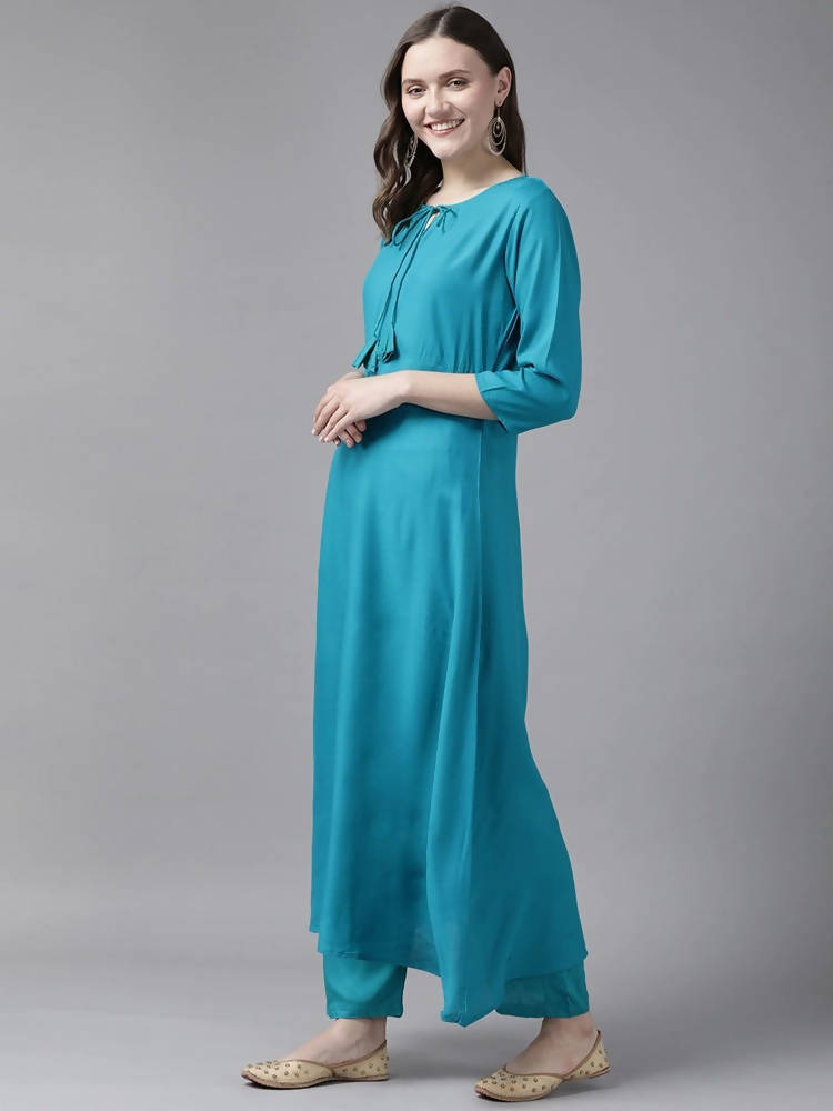 Yufta Women Teal Blue Solid Kurta with Trouser and Dupatta | Grocsy
