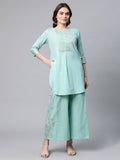 Ahalyaa Women Teal Pure Cotton Gold Foil Printed Pakistani Style Kurta Palazzo Set | Grocsy