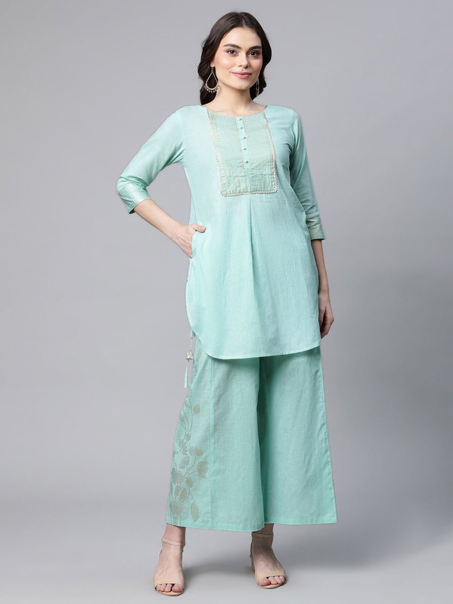 Ahalyaa Women Teal Pure Cotton Gold Foil Printed Pakistani Style Kurta Palazzo Set | Grocsy