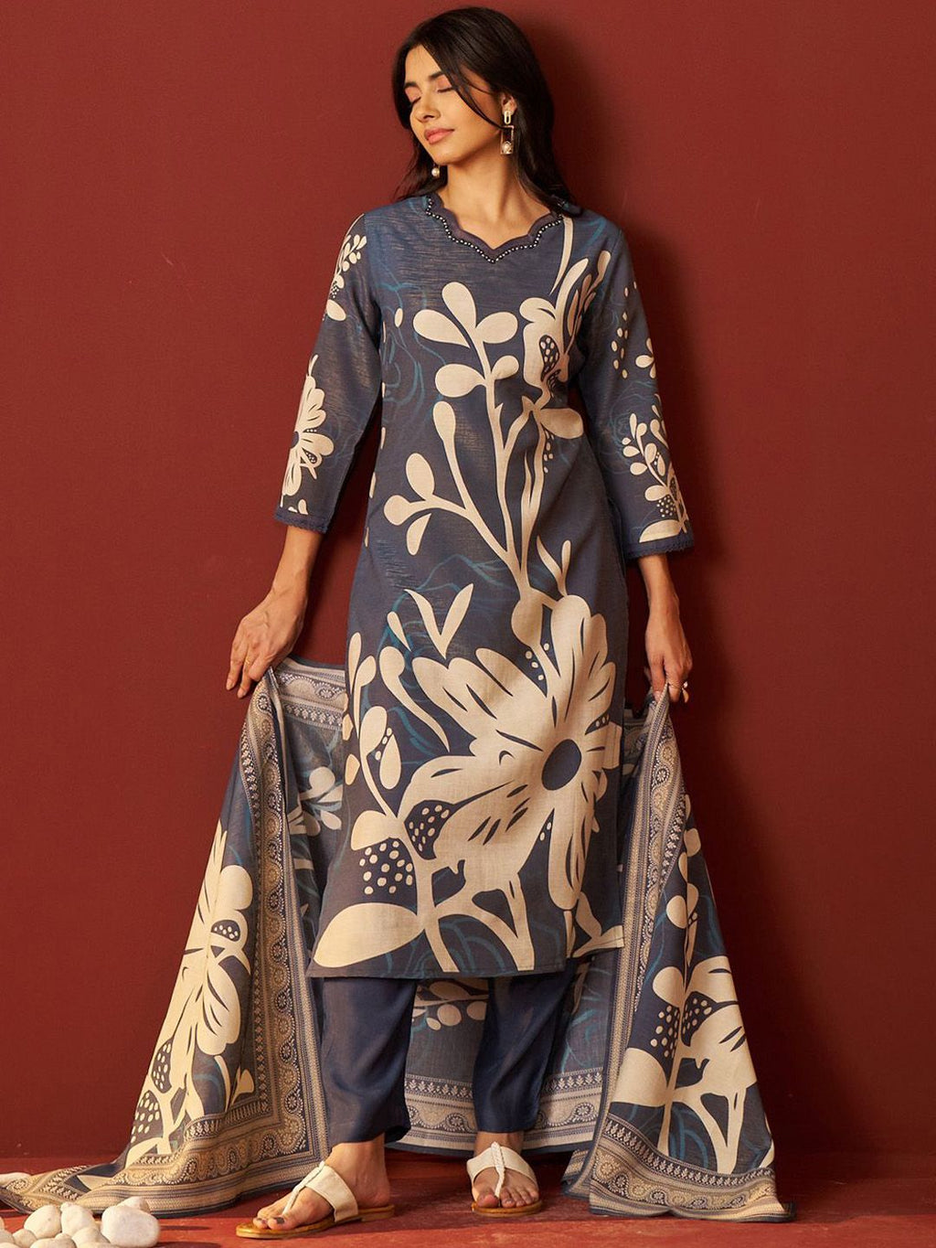 Indo Era Women Floral Printed Beads and Stones Kurta with Trousers & Dupatta Kurta Sets | Grocsy