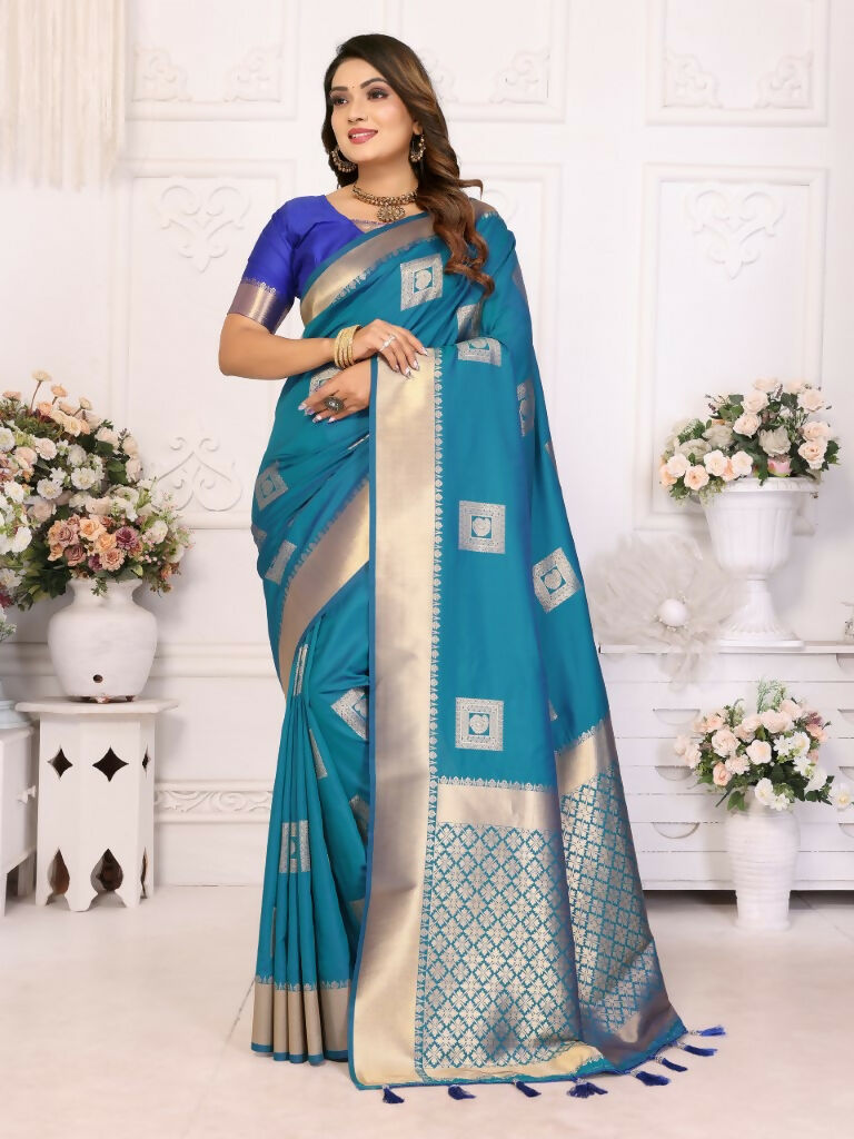 Anaita Blue Soft Silk With Zari Weaving Borders Saree With Blouse | Grocsy