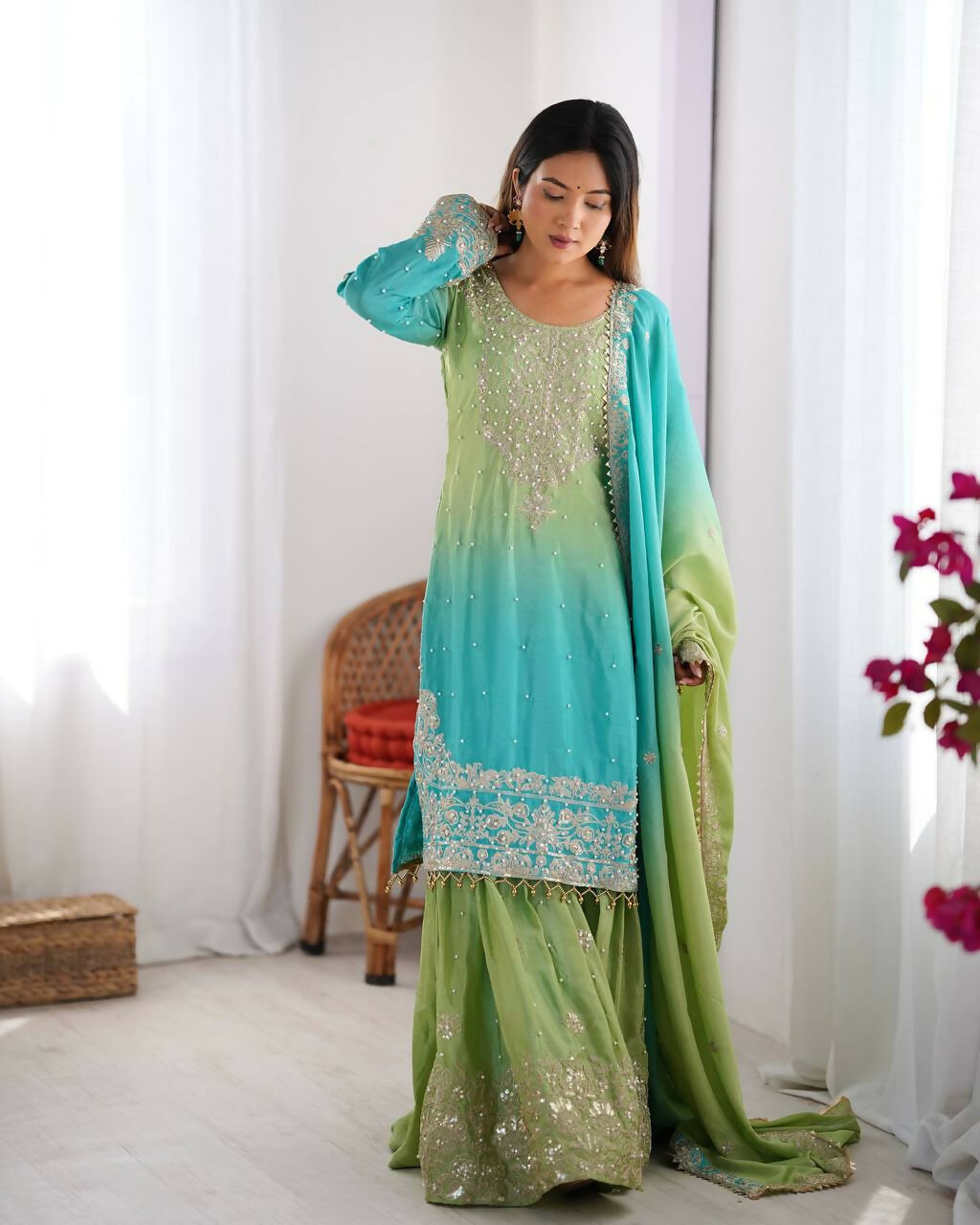 The52 Women's Beautiful Chinon silk Fabric Embroidery Work Straight Kurta Palazzo and Dupatta Set | Grocsy