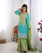 The52 Women's Beautiful Chinon silk Fabric Embroidery Work Straight Kurta Palazzo and Dupatta Set | Grocsy