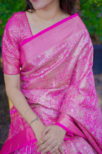 Prime Volt Bridal Kanchipuram Silk Saree with Rich Zari Weaving & Contrast Border-Pink | Grocsy