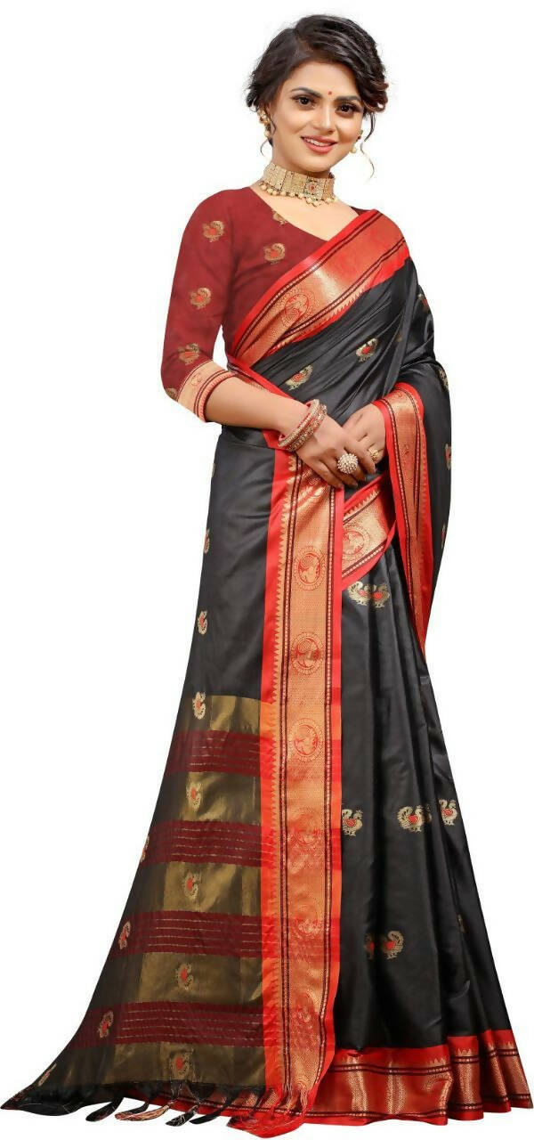 DEIANA'S Beautiful Designer Golden zari Soft Lichi Silk Saree - Black | Grocsy