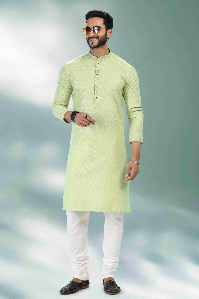 Raivat Ethnic Linen Cotton Pintux Work Kurta Pajama In Pista Green Colour | Grocsy
