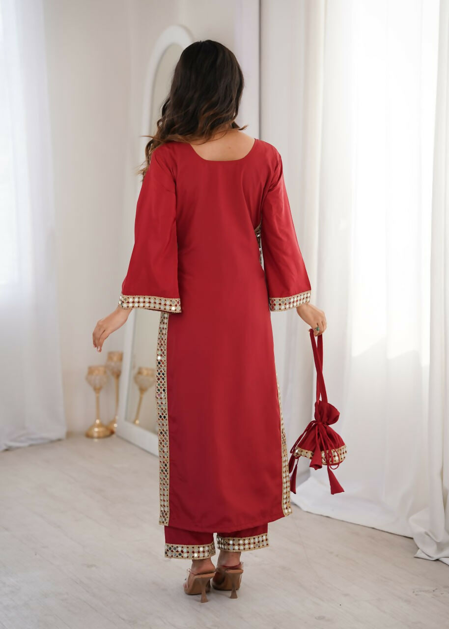 Teeya Creation Womens New Trending Maroon Color Natural Crepe With Real Mirror Lace Work Kurta Set | Grocsy