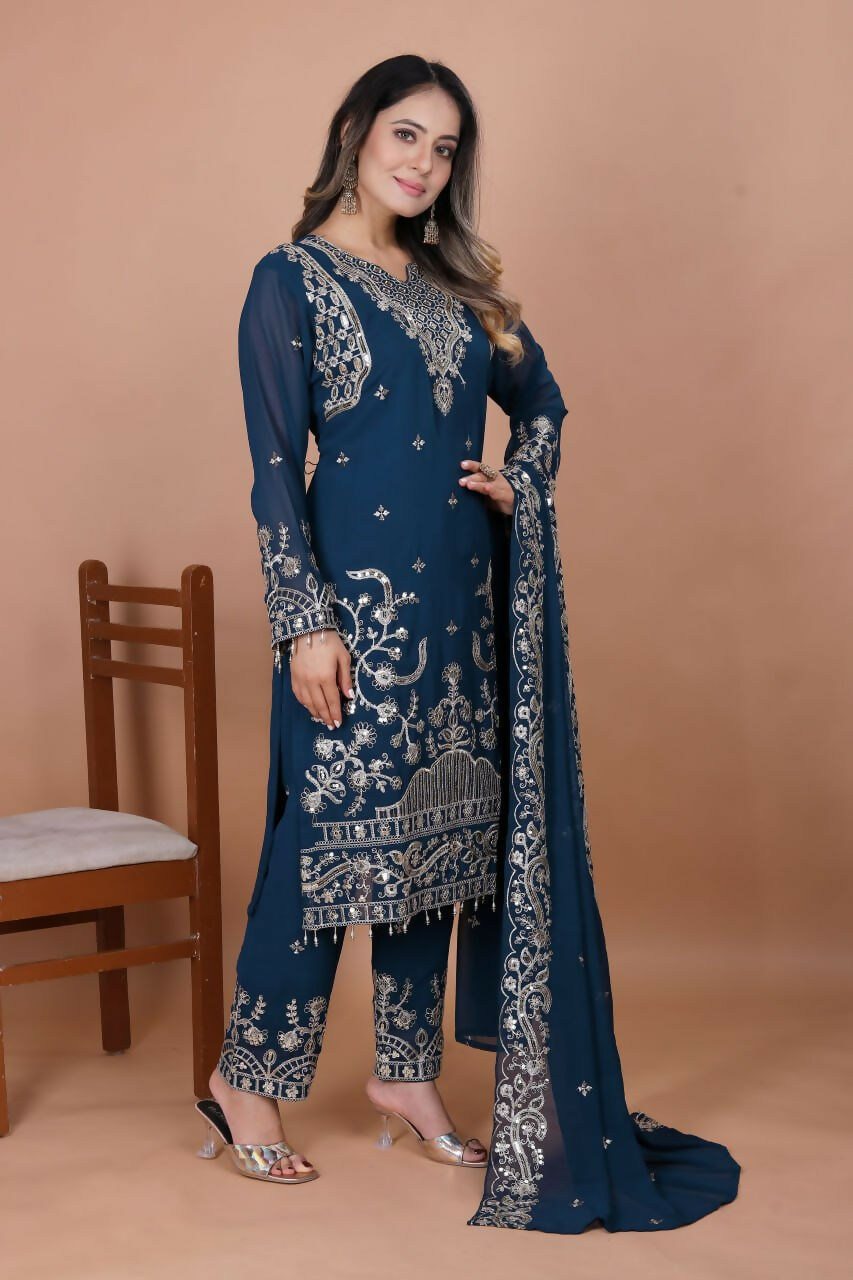 Teeya Creation Blue Faux Georgette Embroidery Work Salwar Suit | Grocsy