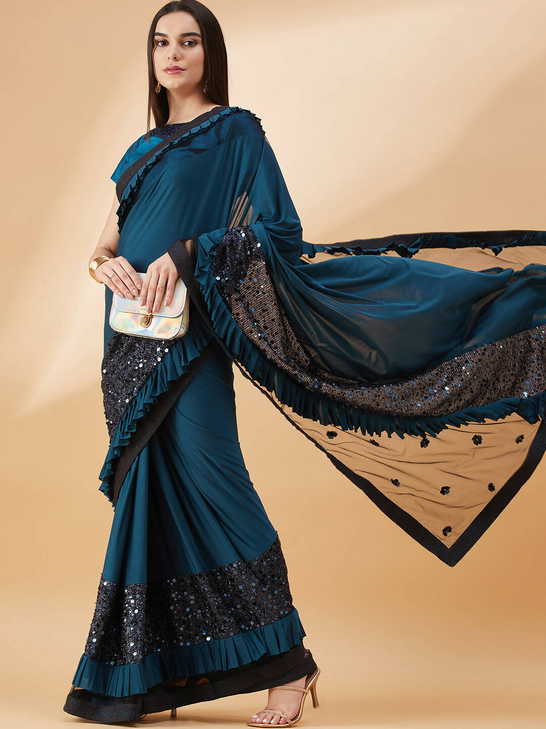 Peacock Blue Lycra Sequins Fabric. Frill Details, Handwork Buttis Saree - Norita Hit Design | Grocsy