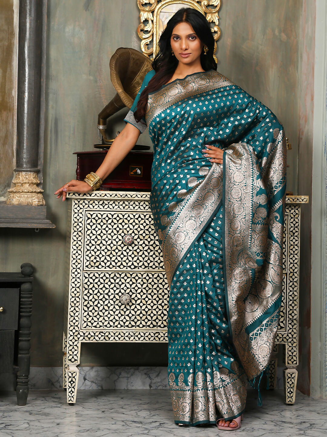 Shree Shyam Fashion Banarasi Silk Sea Green Saree | Grocsy