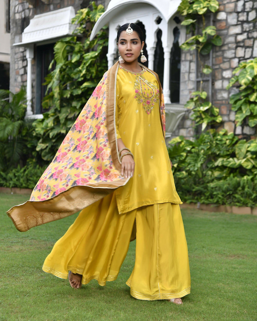 Vaasva Women's Silk Mustard Emboidered Solid Kurta, Sharara & Dupatta Set | Grocsy