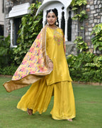 Vaasva Women's Silk Mustard Emboidered Solid Kurta, Sharara & Dupatta Set | Grocsy