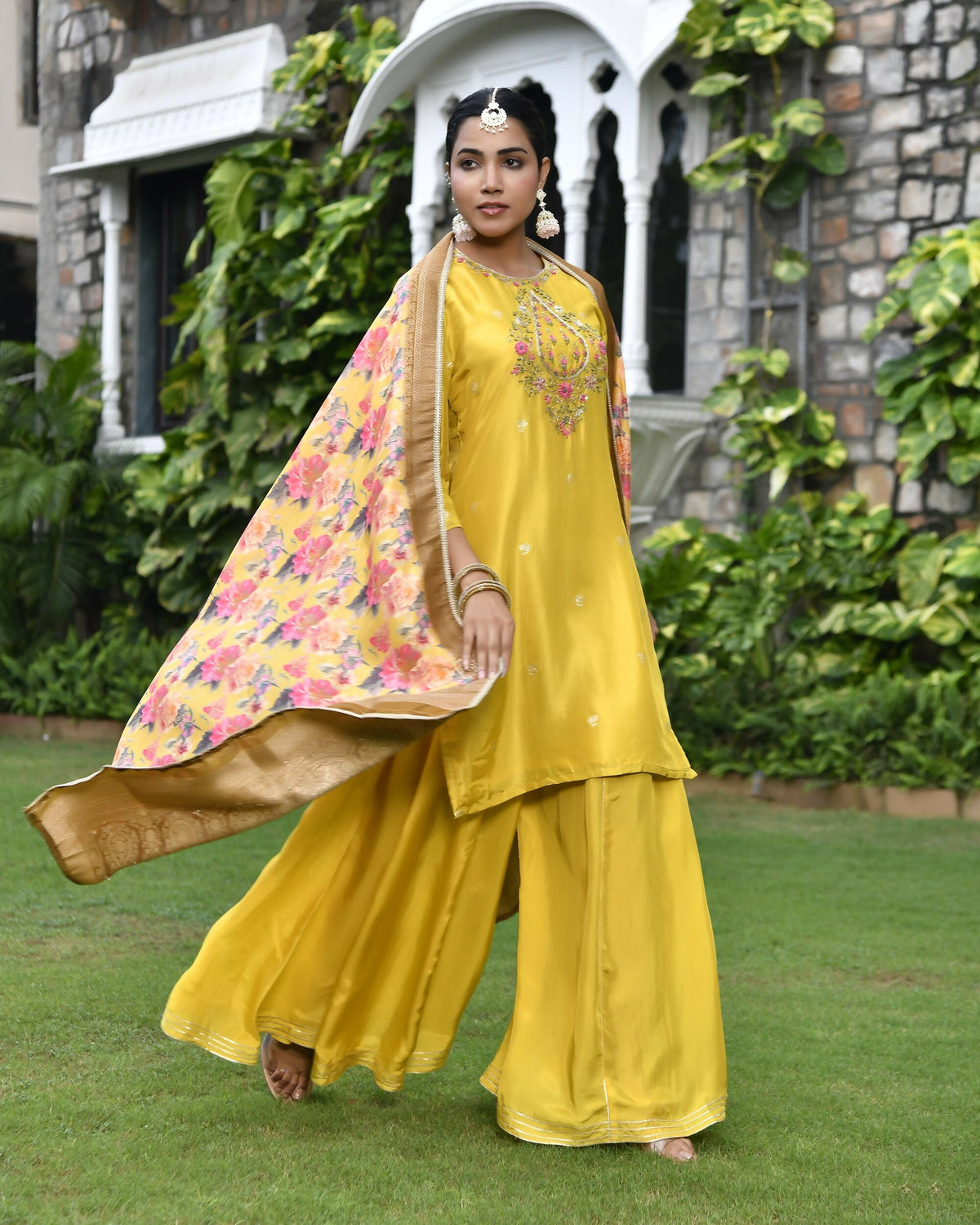 Vaasva Women's Silk Mustard Emboidered Solid Kurta, Sharara & Dupatta Set | Grocsy