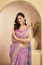 Vastranavya Onion Pink Digital Printed Linen Ready To Wear Pocket Saree with Unstitched Blouse | Grocsy