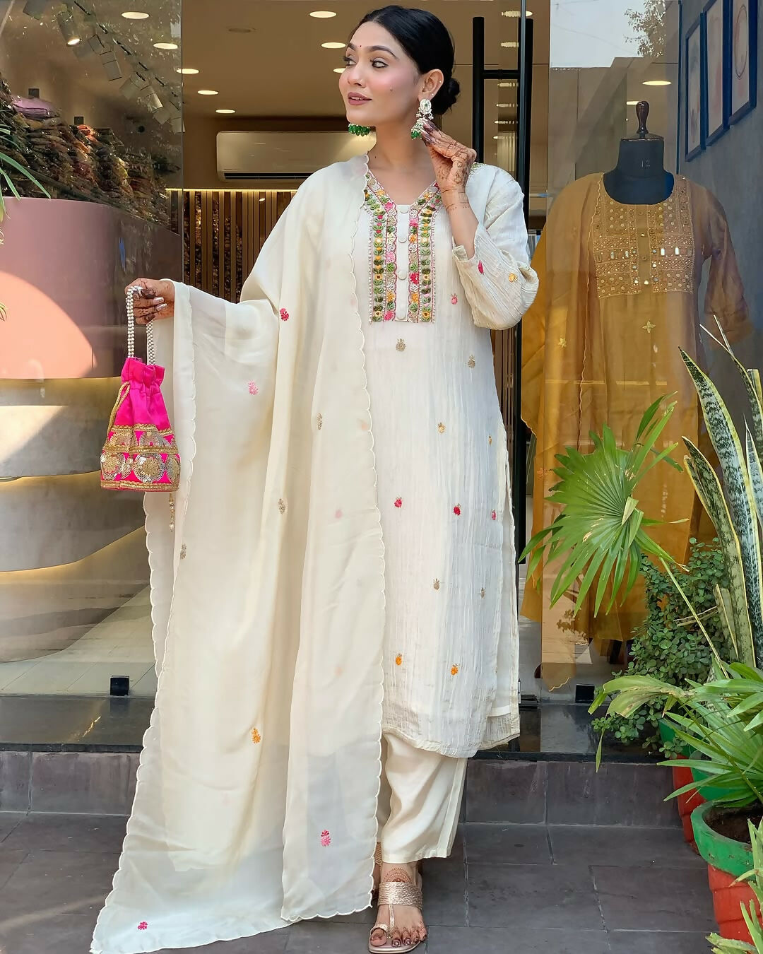 The52 Off White Women's Gorgeous Chinon Fabric Embroidered Work Straight Kurta Pant and Dupatta Set | Grocsy