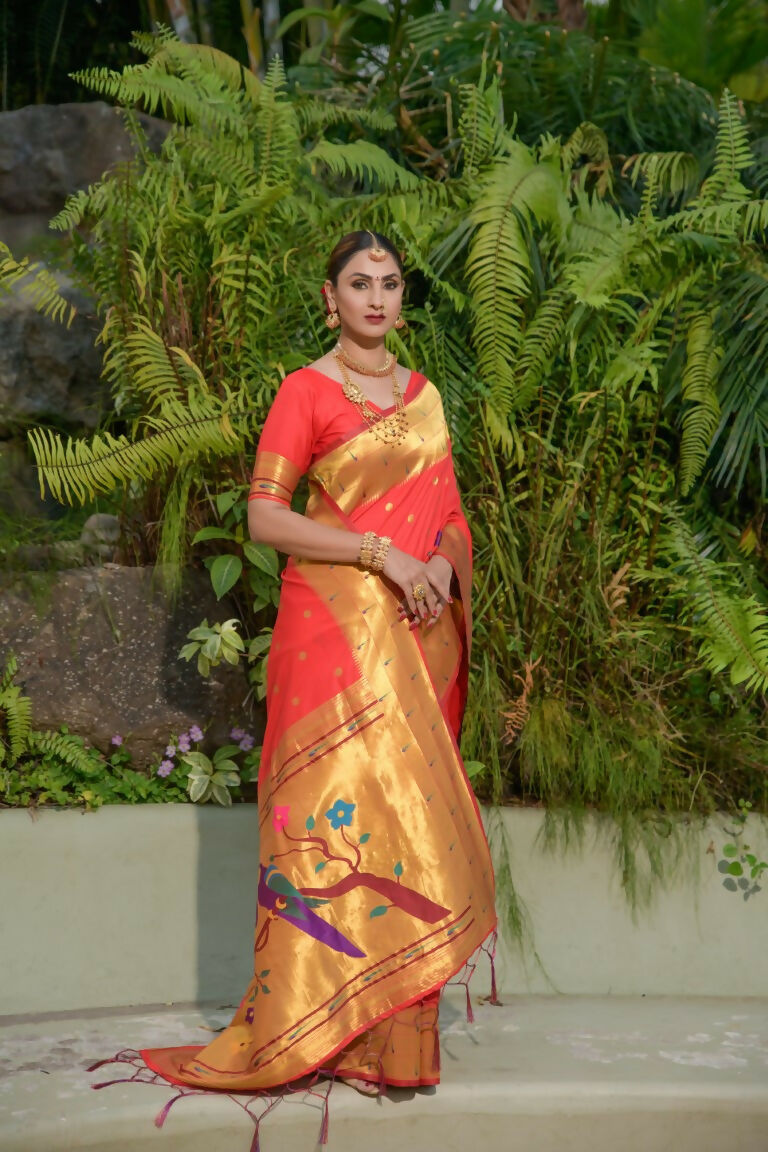 Jyoti Fashion Women's Red Paithani Silk Zari Woven Saree with Blouse | Grocsy