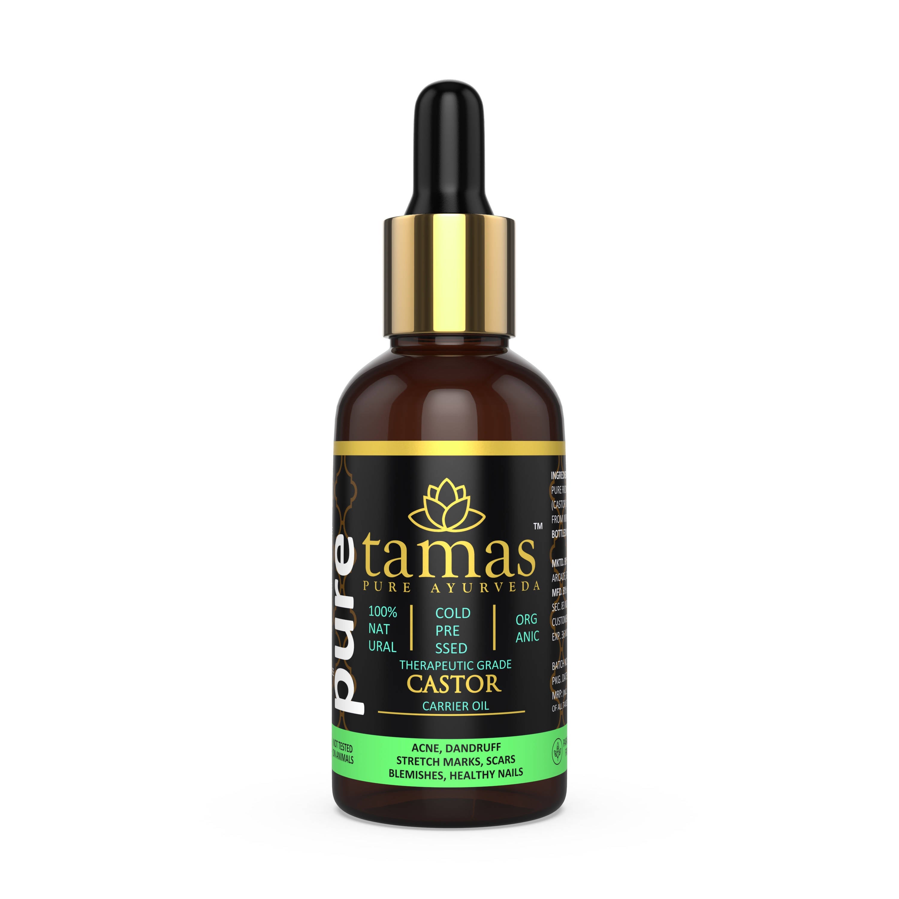 Tamas Pure Ayurveda 100% Organic Castor Cold-Pressed Oil - USDA Certified Organic-30ml | Grocsy