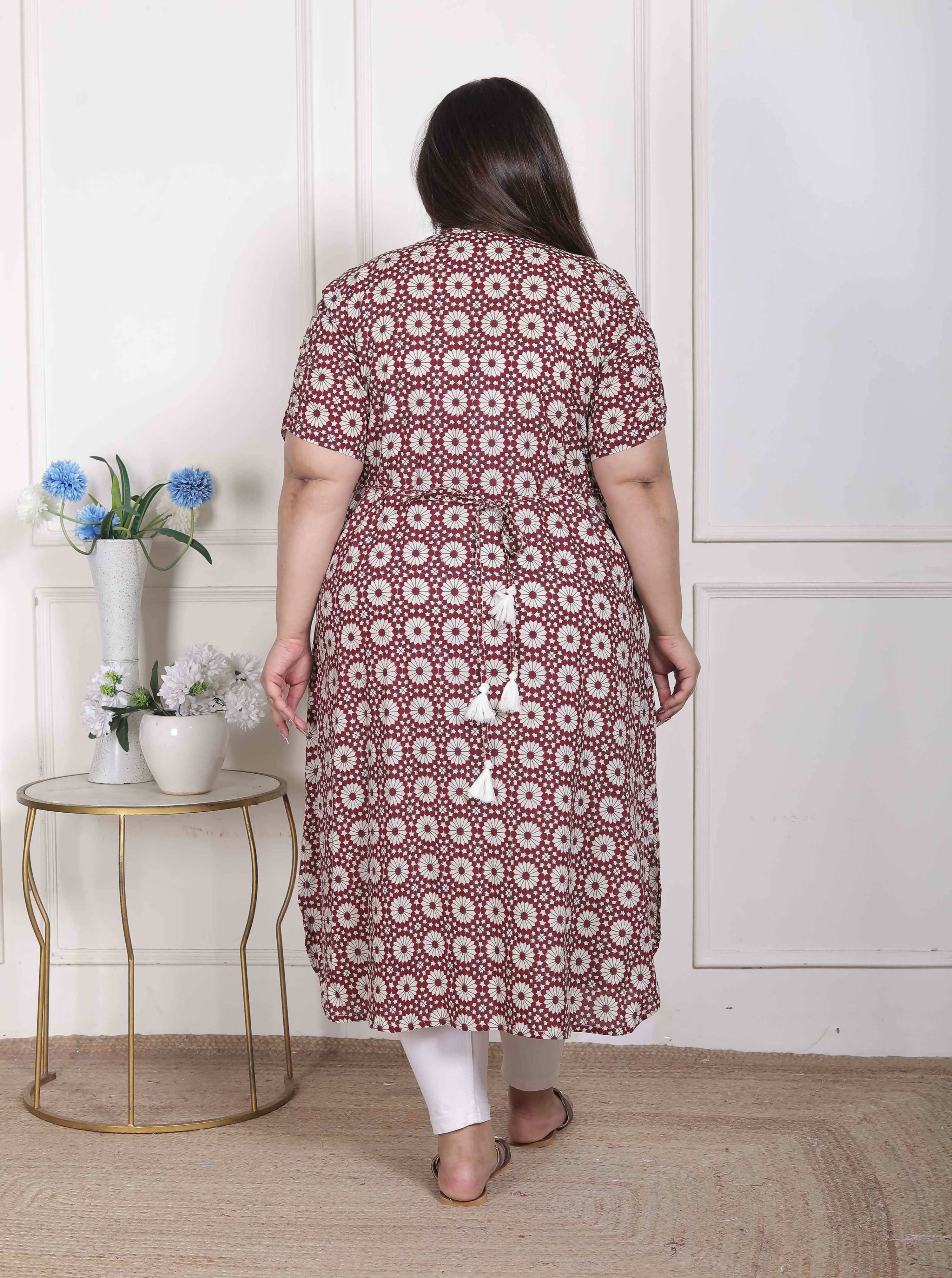 Miravan Women's Plus Size Cotton Floral Printed Cream A-Line Kurta with Buttons | Grocsy