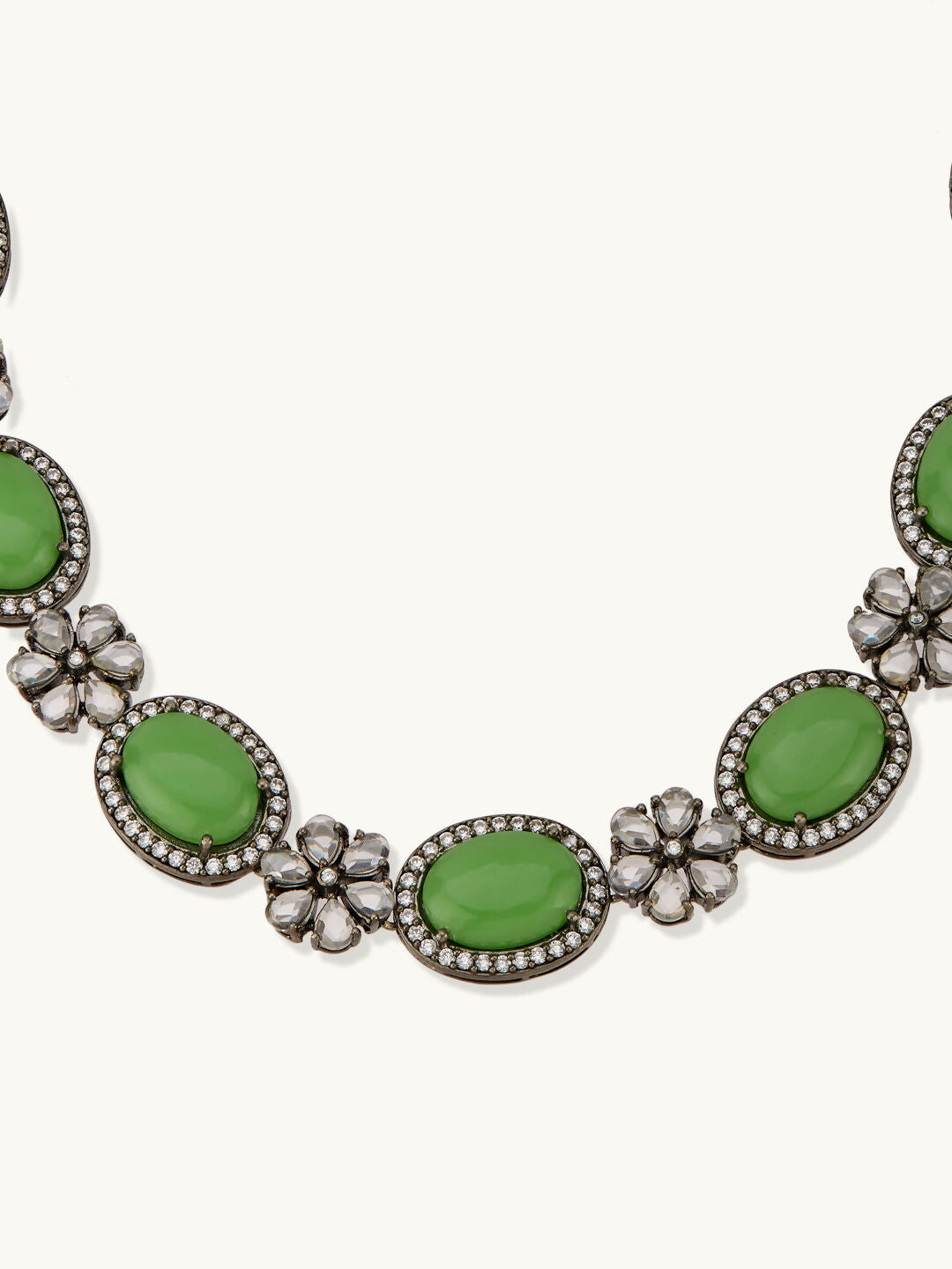 Nuyug Antique Silver Plated Crystal Studded Faux Jade Stones Embellished Necklace Set | Grocsy