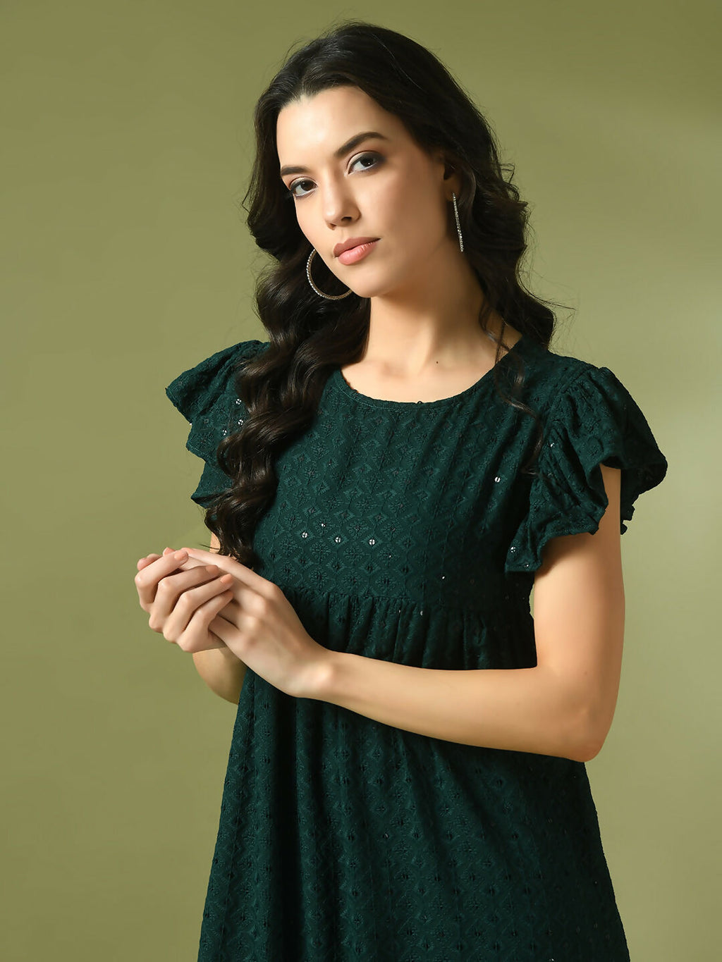 Myshka Women's Green Embroidered Cotton Round Neck A-Line Party Dress | Grocsy