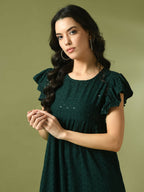 Myshka Women's Green Embroidered Cotton Round Neck A-Line Party Dress | Grocsy