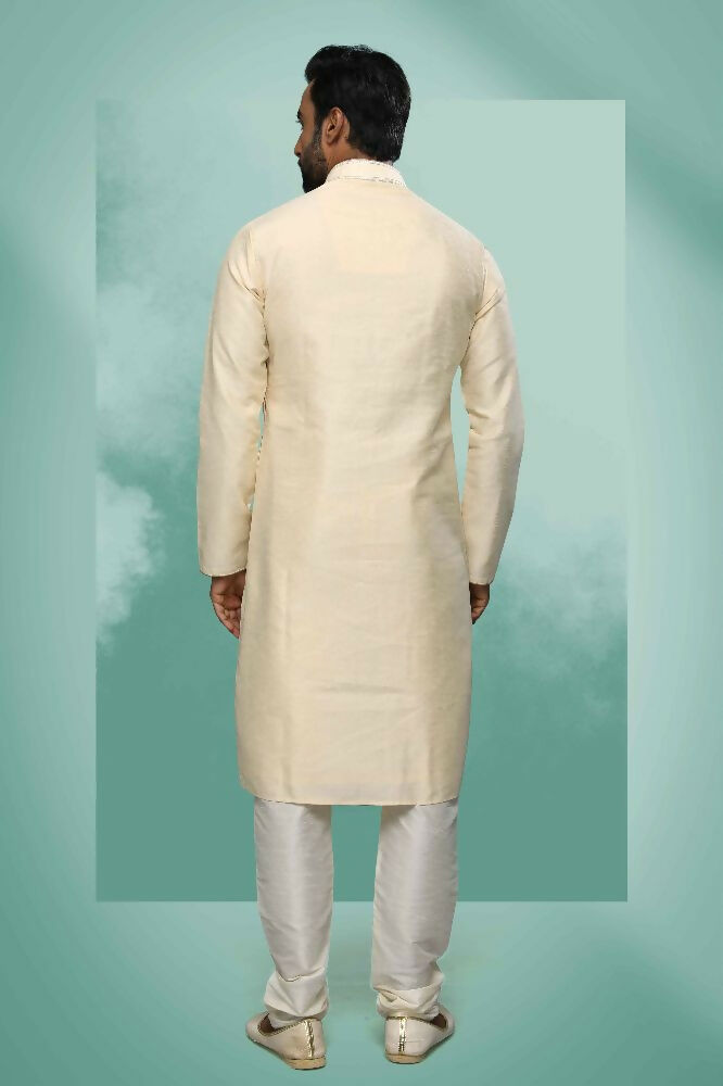Raivat Ethnic Art Silk Mirror Embroidery Work Kurta Pajama In Cream Colour | Grocsy