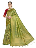 Vardha Women's Olive Green Kanchipuram Raw Silk Saree With Unstitched Blouse Piece | Grocsy