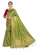 Vardha Women's Olive Green Kanchipuram Raw Silk Saree With Unstitched Blouse Piece | Grocsy