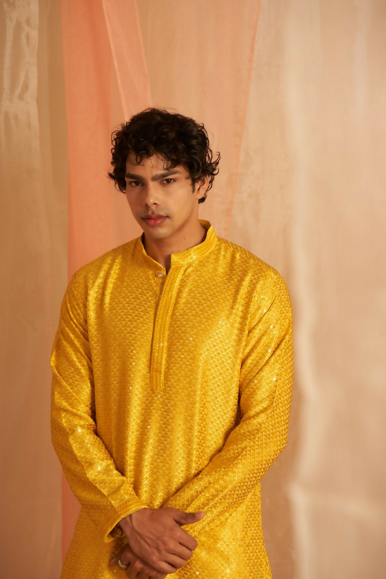 Yellow Viscose Chikankari Embroidery Work Men's Traditional Kurta Set - Mahotsav | Grocsy