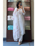 The52 White Women's Gorgeous Georgette Butti Fabric Embroidered Work Straight Kurta Pant and Dupatta Set | Grocsy