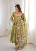 Teeya Creation Olive Green Floral Printed Anarkali Suit with Detailed Square Neckline | Grocsy