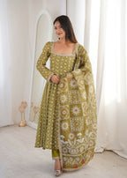 Teeya Creation Olive Green Floral Printed Anarkali Suit with Detailed Square Neckline | Grocsy